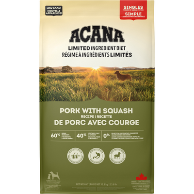 Nourriture de chien sèche - Singles - Porc avec recette de squash