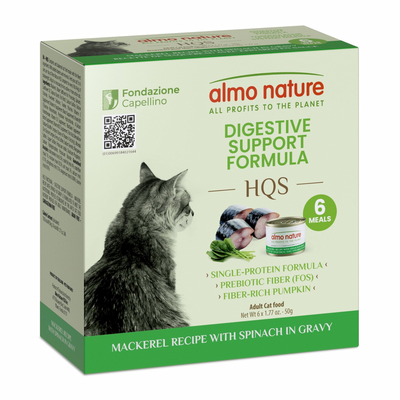 Canned Cat Food - Supportive Formulas HQS - Digestive Support Formula - Mackerel Recipe with Spinach in Gravy - Adult