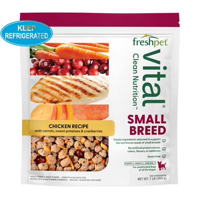 Aliments pour chiens cuits - Vital - Recette de poulet à petite race sans grain avec carottes, patates douces et canneberges - 1 lb