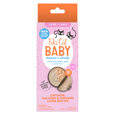 Nourriture pour chats en conserve - Bébé - Mousse et lambeaux avec poulet, saumon et poulet Recette de foie pour chatons - 1,9 oz Can, cas de 3