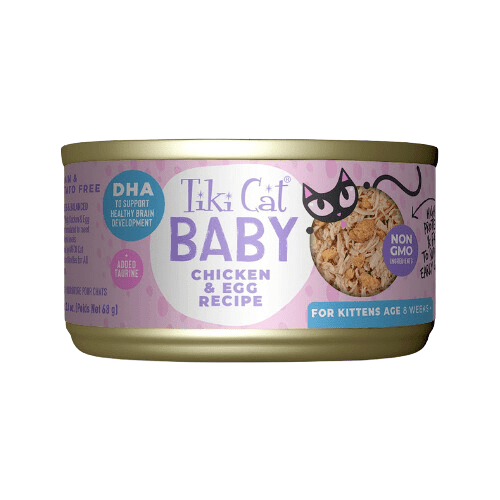 Canned Cat Food - BABY - Whole Foods with Chicken & Egg Recipe For Kittens - 2.4 oz - J & J Pet Club - Tiki Cat