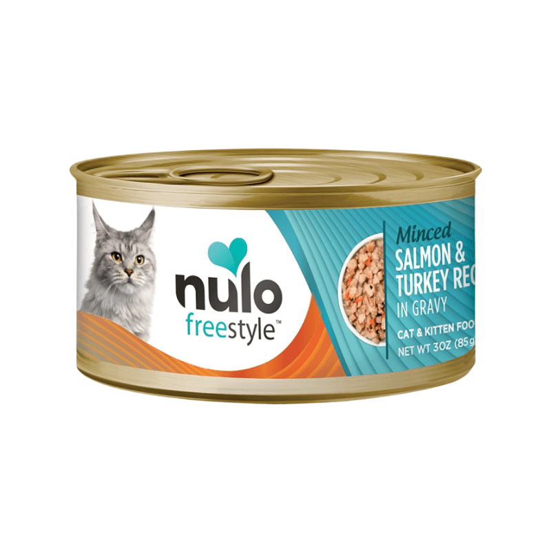 Canned Cat Food - FREESTYLE - Minced Salmon & Turkey Recipe in Gravy - 3 oz - J & J Pet Club - Nulo