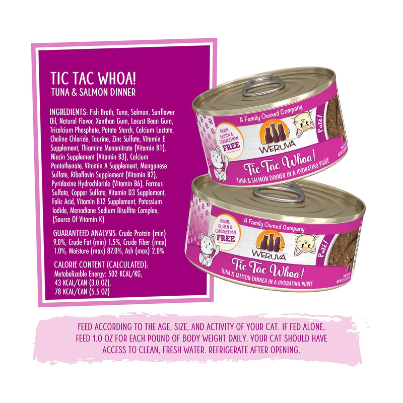 Canned Cat Food - Paté - Tic Tac Whoa! - Tuna & Salmon Dinner in a Hydrating Purée - J & J Pet Club - Weruva
