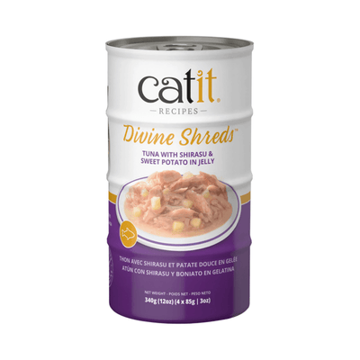 Canned Cat Treat - Divine Shreds - Tuna with Shirasu & Sweet Potato in Jelly - 85 g can, pack of 4 - J & J Pet Club - Catit