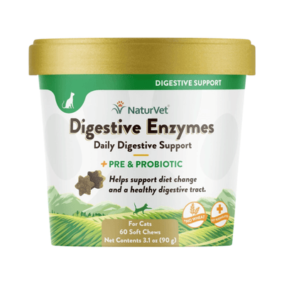 Cat Supplement - DAILY DIGESTIVE SUPPORT - Digestive Enzymes + Pre & Probiotic - 60 soft chews - J & J Pet Club - Naturvet