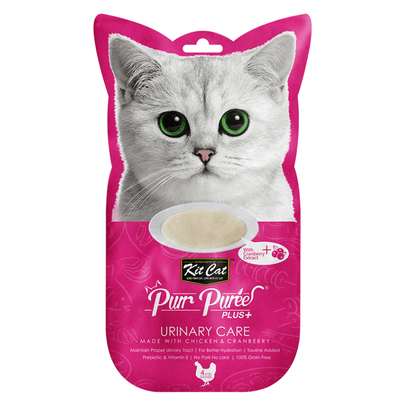 Cat Treat - Purr Purée PLUS+, URINARY CARE - Chicken & Cranberry - 15 g sachet, pack of 4 - J & J Pet Club - Kit Cat