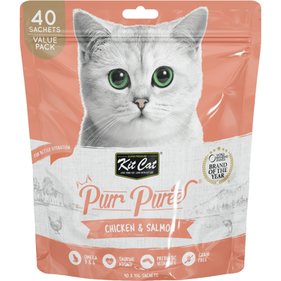 Cat Treat - Purr Purée - Value Pack - Chicken & Salmon - 15 g sachet, pack of 40 - J & J Pet Club - Kit Cat