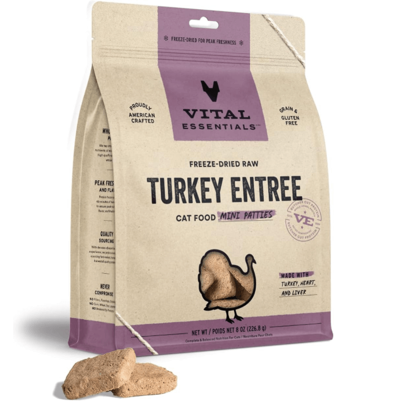Freeze Dried Cat Food - Turkey Entree - Mini Patties - 8 oz - J & J Pet Club - Vital ESSENTIALS