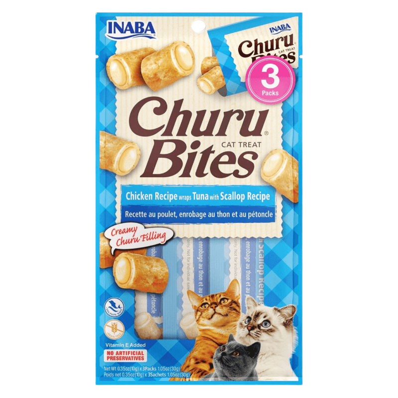 Soft & Chewy Cat Treat - CHURU BITES - Tuna with Scallop Recipe - 0.35 oz tube, pack of 3 - J & J Pet Club - Inaba