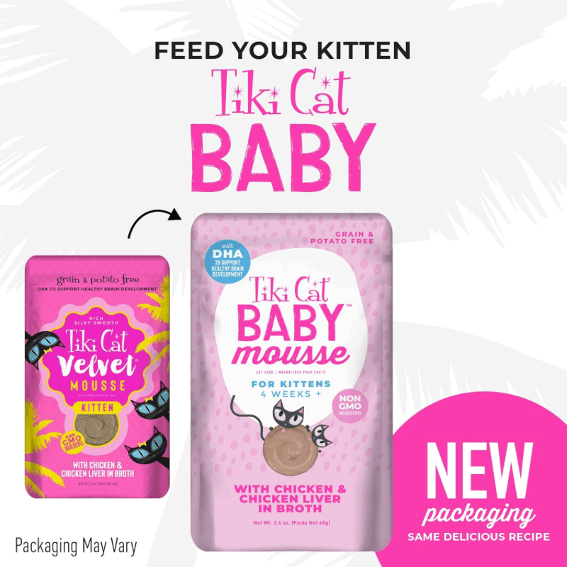 Wet Cat Food - BABY MOUSSE - with Chicken & Chicken Liver in Broth For Kittens - 2.4 oz pouch - J & J Pet Club - Tiki Cat