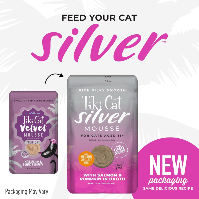 Wet Cat Food - SILVER MOUSSE - Salmon & Pumpkin in Broth For Senior Cats Aged 11+, 2.8 oz pouch - J & J Pet Club - Tiki Cat