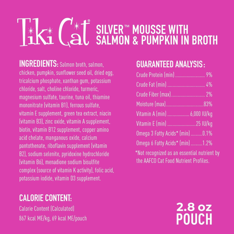 Wet Cat Food - SILVER MOUSSE - Salmon & Pumpkin in Broth For Senior Cats Aged 11+, 2.8 oz pouch - J & J Pet Club - Tiki Cat