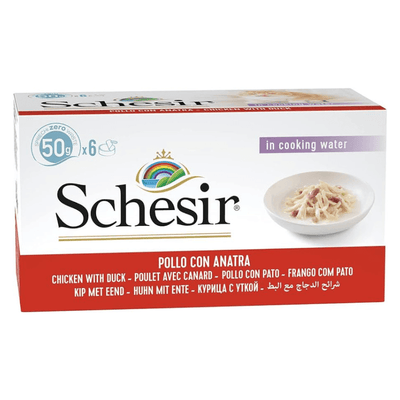 Wet Cat Food Topper - IN COOKING WATER - Chicken & Duck - 50 g can, case of 6 - J & J Pet Club - Schesir