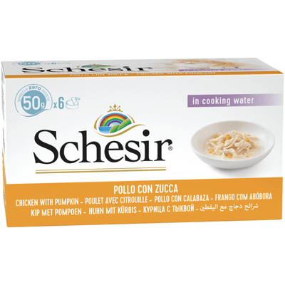 Wet Cat Food Topper - IN COOKING WATER - Chicken & Pumpkin - 50 g can, case of 6 - J & J Pet Club - Schesir