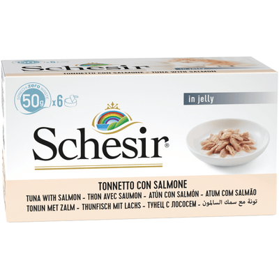 Wet Cat Food Topper - IN JELLY - Tuna & Salmon - 50 g can, case of 6 - J & J Pet Club - Schesir