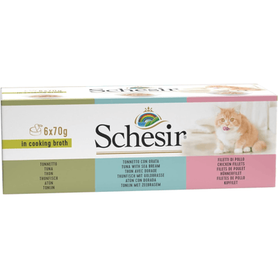 Wet Cat Food Topper - Multipack IN COOKING BROTH - Tuna, Tuna & Sea Bream, Chicken Fillets - 70 g can, case of 6 - J & J Pet Club - Schesir