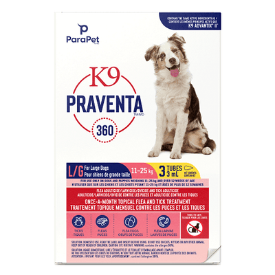 K9 Praventa 360 - Flea & Tick Treatment - Large Dogs 11 kg to 25 kg - 3 tubes - J & J Pet Club - Parapet