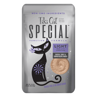 Wet Cat Food - SPECIAL - LIGHT: Chicken, Turkey & Pumpkin Recipe in Broth For Adult Cats - 2.4 oz pouch - J & J Pet Club - Tiki Cat