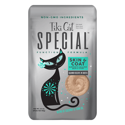 Wet Cat Food - SPECIAL - SKIN & COAT: Salmon Recipe in Broth For Adult Cats - 2.4 oz pouch - J & J Pet Club - Tiki Cat