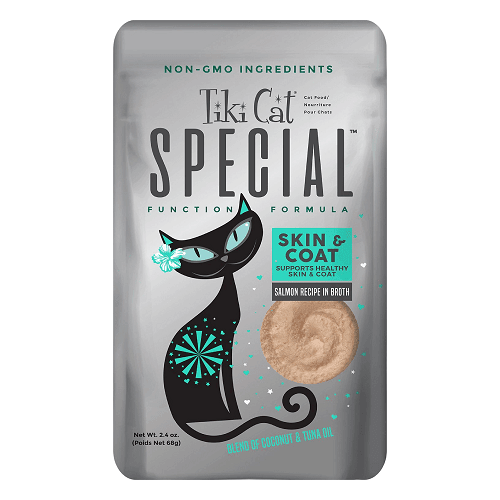 Wet Cat Food - SPECIAL - SKIN & COAT: Salmon Recipe in Broth For Adult Cats - 2.4 oz pouch - J & J Pet Club - Tiki Cat