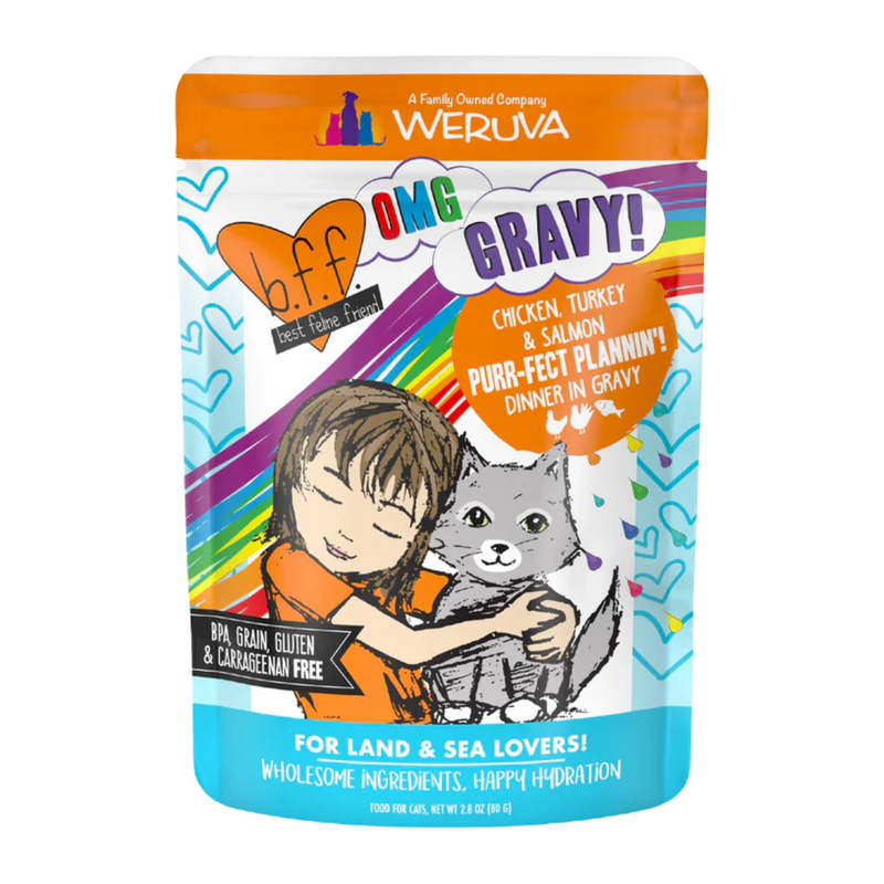 Wet Cat Food - BFF OMG, Purr-Fect Plannin'! - Chicken, Turkey & Salmon Dinner in Gravy - 2.8 oz pouch