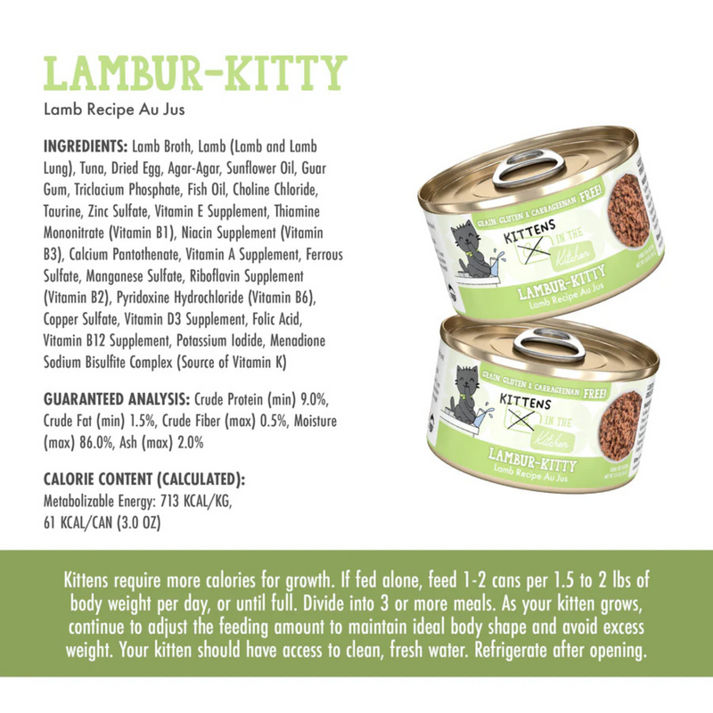 Canned Cat Food - KITTENS in the Kitchen, Lambur-kitty, Lamb Recipe Au Jus