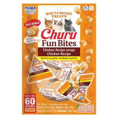 Soft & Moist Cat Treat - CHURU FUN BITES - Chicken Recipe wraps Chicken Recipe - 0.42 oz sachet, 3 ct