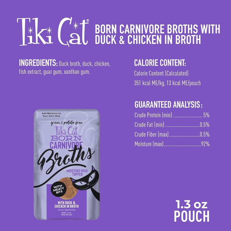 Wet Cat Food Topper - BORN CARNIVORE - Duck & Chicken in Broth - 1.3 oz pouch - J & J Pet Club - Tiki Cat