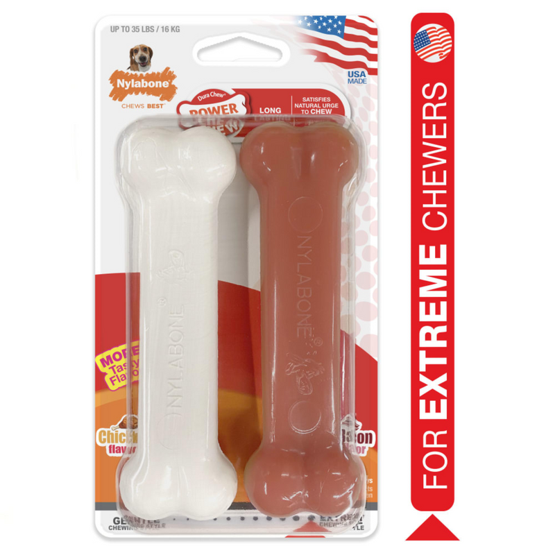 Dog Chew Toy - POWER CHEW - Bacon & Chicken Durable Bone - Twin Pack