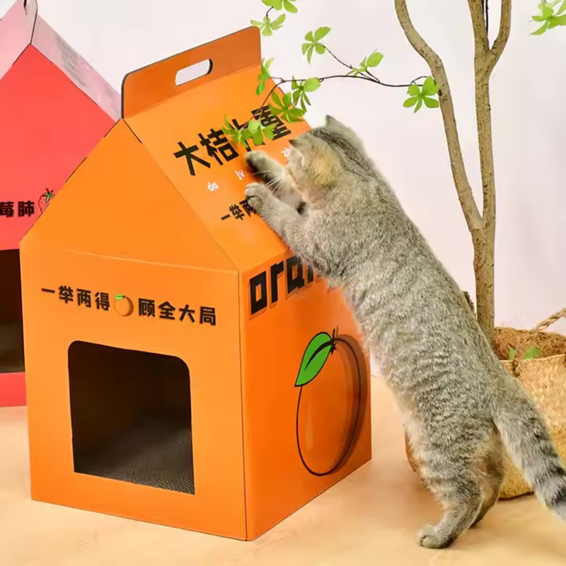 Cardboard Cat Box - Kitty Hideaway Play house with Cat Scratching Board - Orange