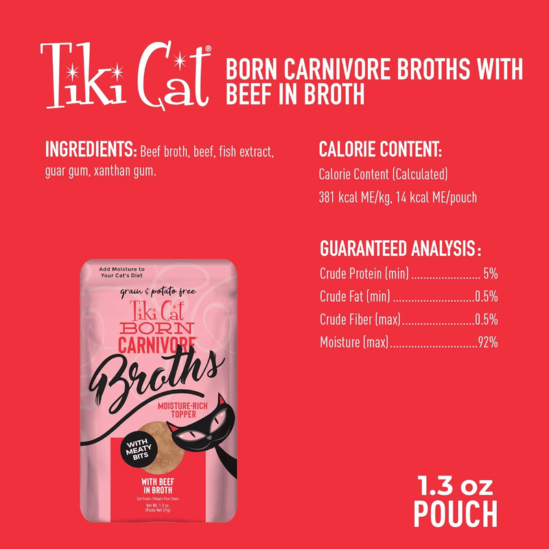 Wet Cat Food Topper - BORN CARNIVORE - Beef in Broth - 1.3 oz pouch - J & J Pet Club - Tiki Cat