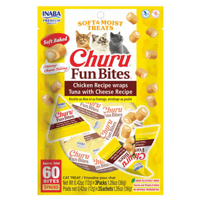 Soft & Moist Cat Treat - CHURU FUN BITES - Chicken Recipe wraps Tuna with Cheese Recipe - 0.42 oz sachet, 3 ct