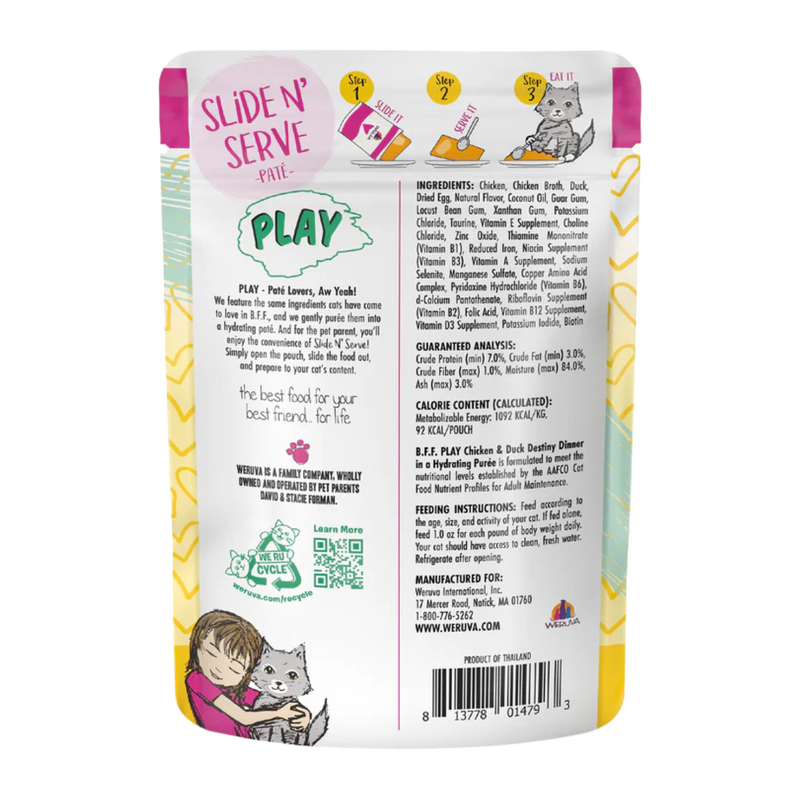 Wet Cat Food - BFF PLAY SNS Paté - Destiny - Chicken & Duck Dinner in a Hydrating Purée - 3 oz pouch