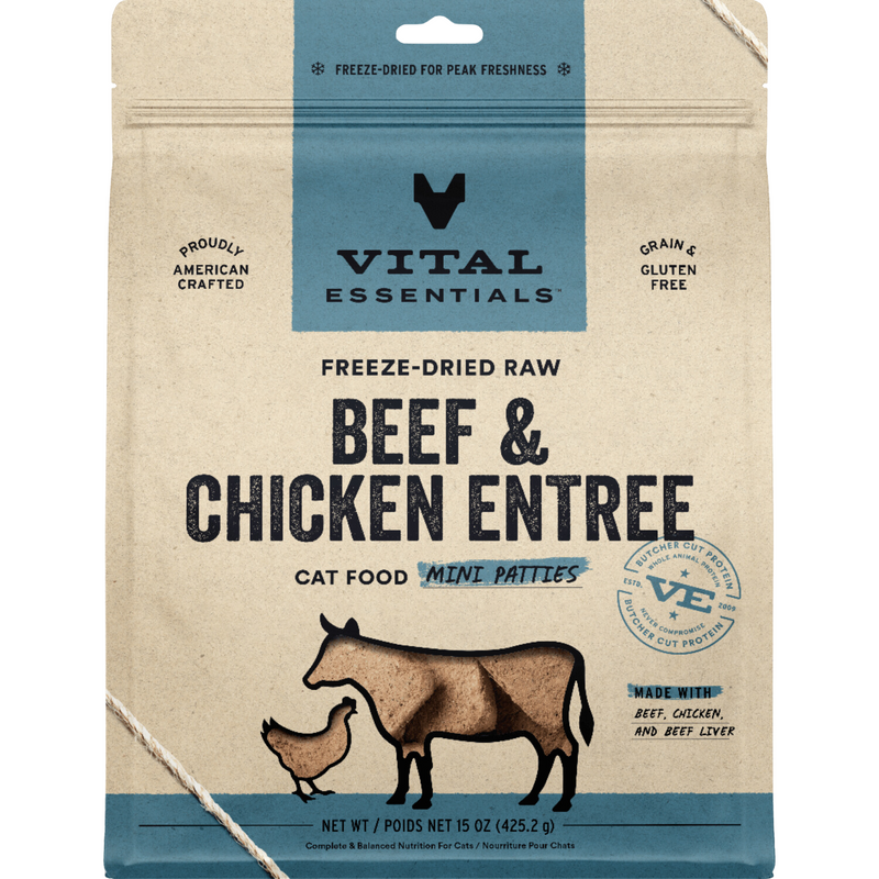 Nourriture pour chats lyophilisée - Boeuf et Poulet Entree - Mini Patties - 8 oz