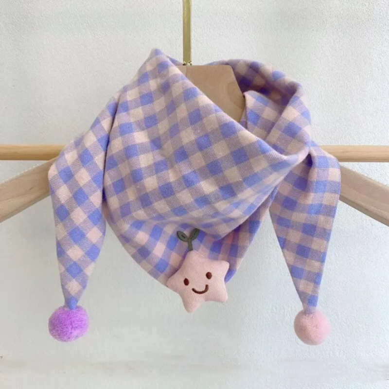 Pet Triangle Cotton Scarf - Plaid Style with Pom Pom