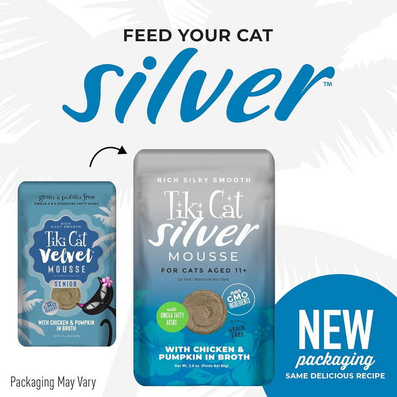 Wet Cat Food - SILVER MOUSSE - Chicken & Pumpkin in Broth For Senior Cats Aged 11+, 2.8 oz pouch