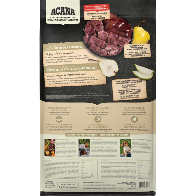 Dry Dog Food - SINGLES - Limited Ingredient Diet  - Duck with Pear Recipe