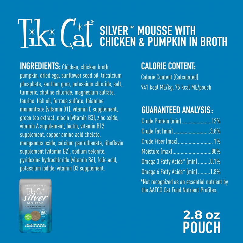 Wet Cat Food - SILVER MOUSSE - Chicken & Pumpkin in Broth For Senior Cats Aged 11+, 2.8 oz pouch