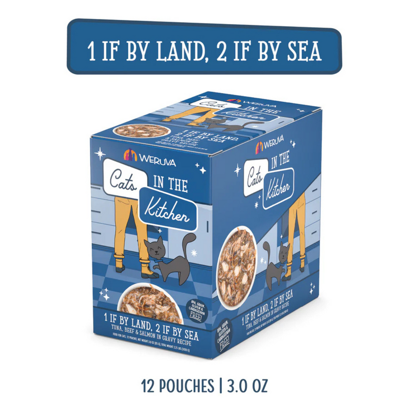 Wet Cat Food - Cats in the Kitchen - 1 if By Land, 2 if By Sea - Tuna, Beef & Salmon in Gravy - 3 oz pouch