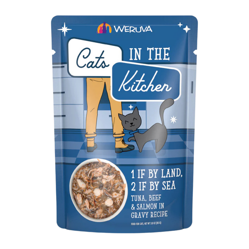 Wet Cat Food - Cats in the Kitchen - 1 if By Land, 2 if By Sea - Tuna, Beef & Salmon in Gravy - 3 oz pouch