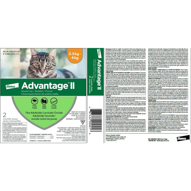 猫用Advantage II 跳蚤驱虫药 - 2.3公斤至4公斤