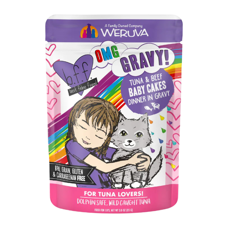 Wet Cat Food - BFF OMG - Baby Cakes - Tuna & Beef Dinner in Gravy - 3 oz pouch