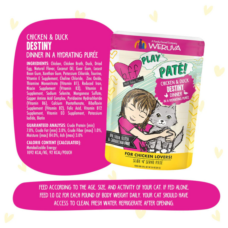 Wet Cat Food - BFF PLAY SNS Paté - Destiny - Chicken & Duck Dinner in a Hydrating Purée - 3 oz pouch