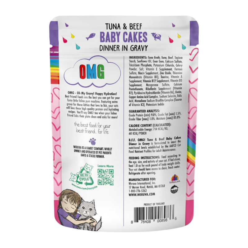 Wet Cat Food - BFF OMG - Baby Cakes - Tuna & Beef Dinner in Gravy - 3 oz pouch