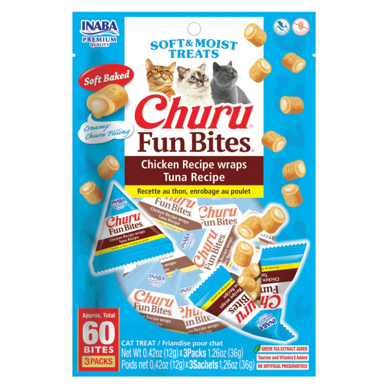 Soft & Moist Cat Treat - CHURU FUN BITES - Chicken Recipe wraps Tuna Recipe - 0.42 oz sachet, 3 ct