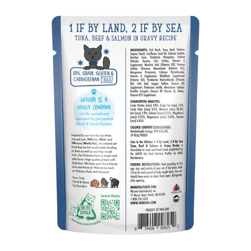 Wet Cat Food - Cats in the Kitchen - 1 if By Land, 2 if By Sea - Tuna, Beef & Salmon in Gravy - 3 oz pouch