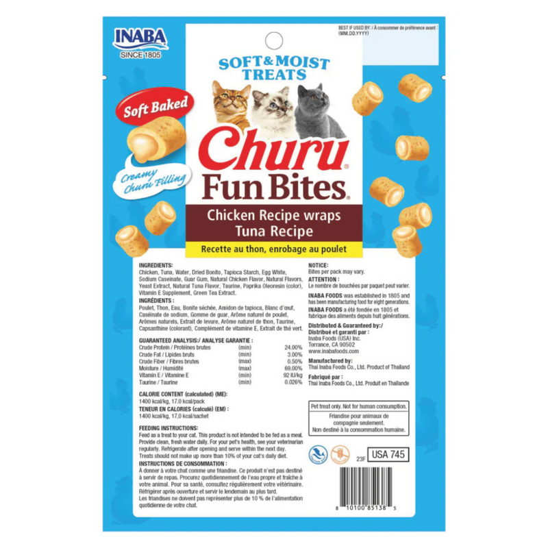 Soft & Moist Cat Treat - CHURU FUN BITES - Chicken Recipe wraps Tuna Recipe - 0.42 oz sachet, 3 ct