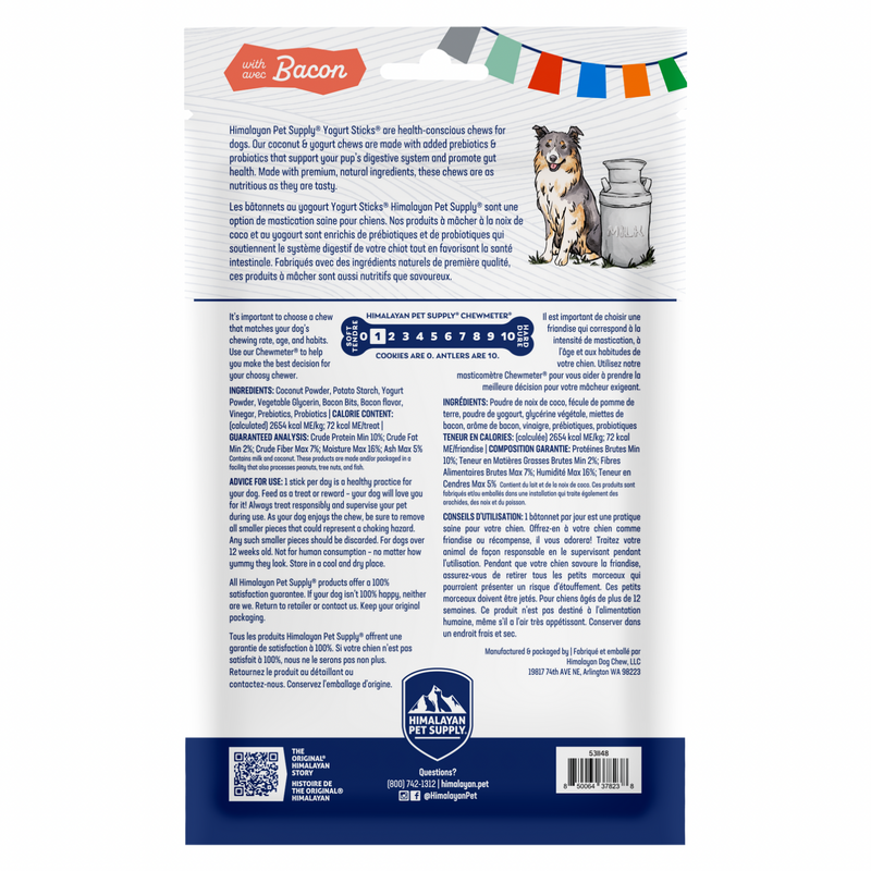 Dog Chewing Treat - YOGURT STICKS - Bacon with Prebiotics & Probiotics