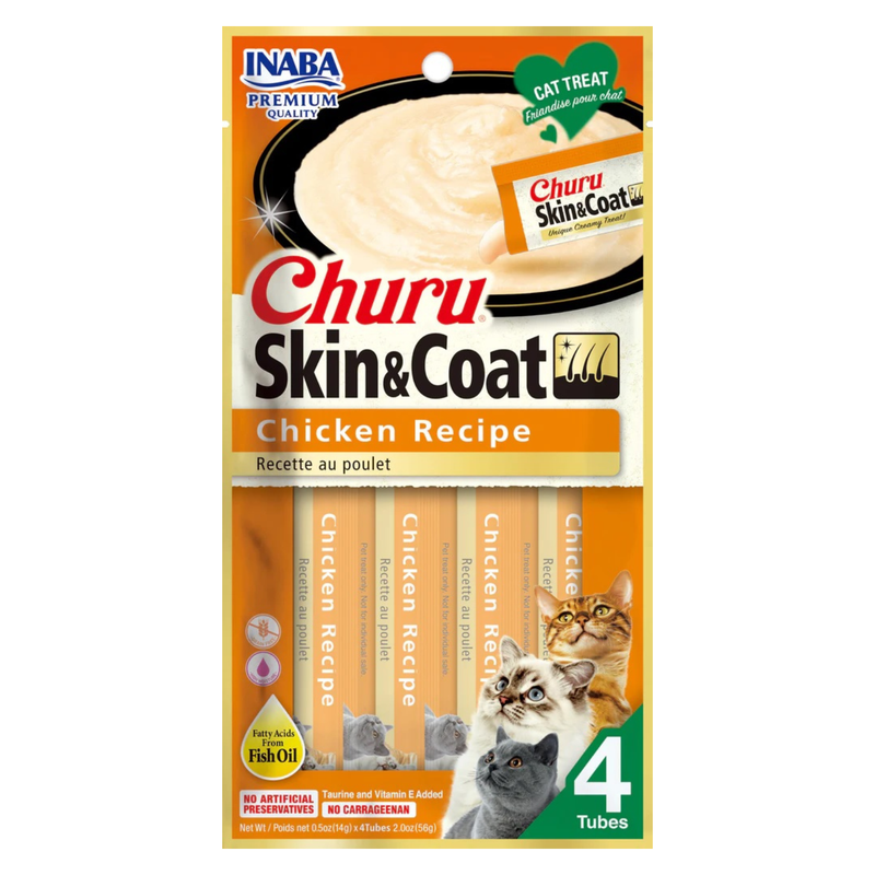 Traitement de chat crémeux - Churu Skin & Coat - Recette de poulet - tube de 0,5 oz, 4 ct