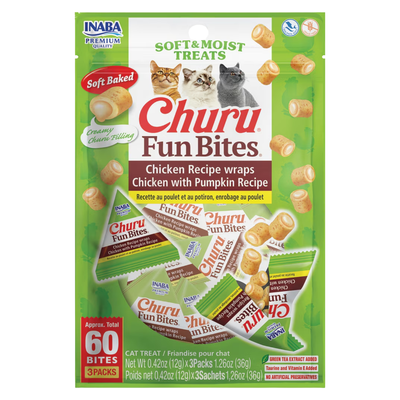 *(Please Use By 2026-09-24)* Soft & Moist Cat Treat - CHURU FUN BITES - Chicken Recipe wraps Chicken with Pumpkin Recipe - 0.42 oz sachet, 3 ct